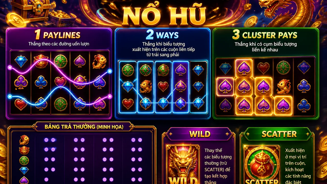 Đọc điều kiện thắng trong game nổ hũ: 68win paylines, ways và cluster pays khác nhau thế nào?