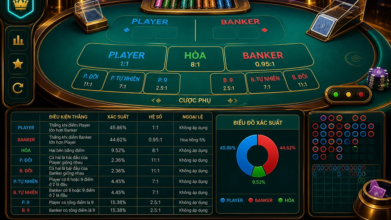So sánh cược phụ baccarat trên 68win: xác suất, hệ số và ngoại lệ