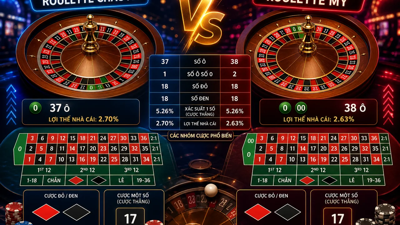 So sánh ô số và cược cơ bản: 68win roulette châu Âu và roulette Mỹ khác nhau xác suất