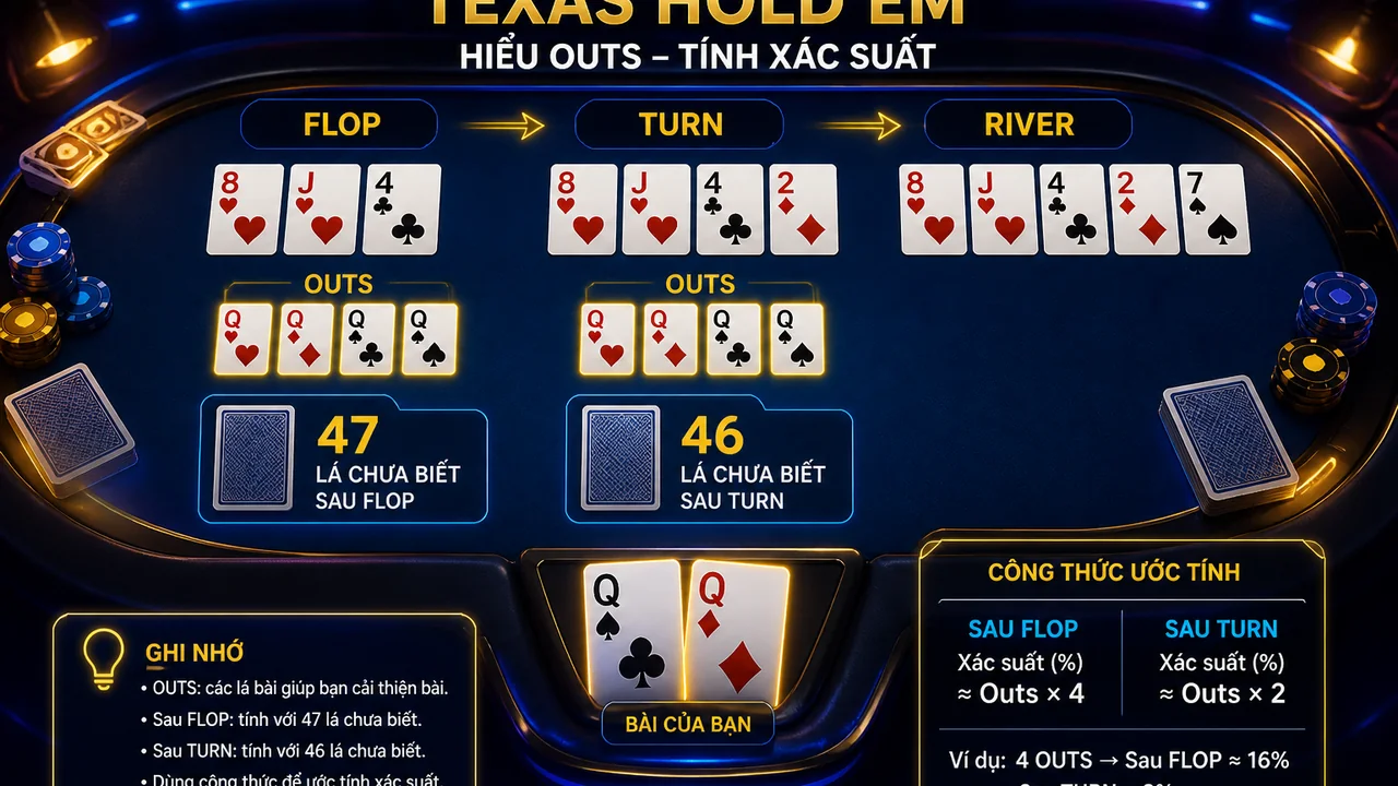 Từ Flop đến River: cách đọc outs và xác suất Texas Hold'em trên 68win