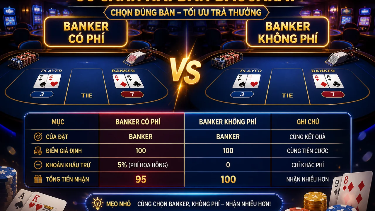 Luật Banker, tiền hòa và xác suất: 68win baccarat có phí không phí Banker so sánh luật xác suất