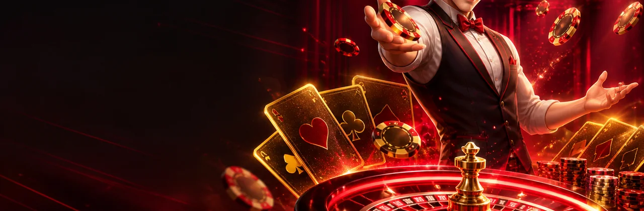 Banner bàn chơi casino với roulette, lá bài và chip vàng