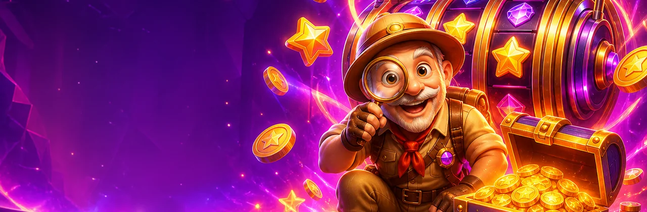 Banner nổ hũ với máy quay thưởng, rương kho báu và nhà thám hiểm