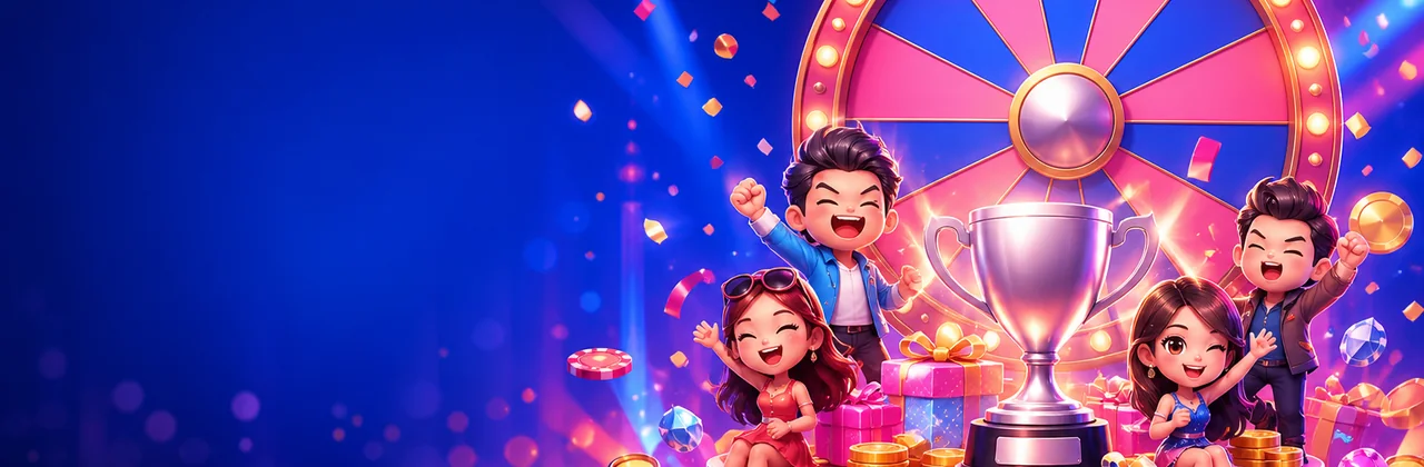 Banner sự kiện với vòng quay, cúp bạc và nhóm người chơi ăn mừng